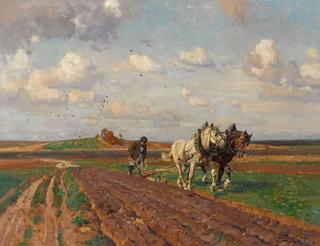 Plowing farmer in the foothills of the Alps