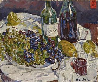 Still life with glass, bottle and grapes