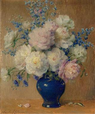 Still life with peonies, delphinium and aster