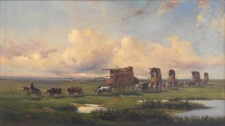 A caravan of gauchos and their wagons crossing the pampas