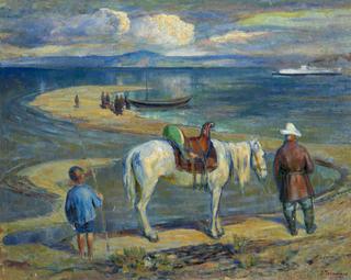 Kazakh with His Horse at the River Crossing