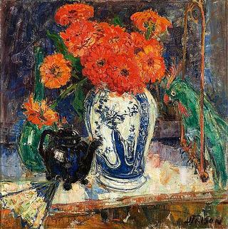 Flower Vase and Green Parrot