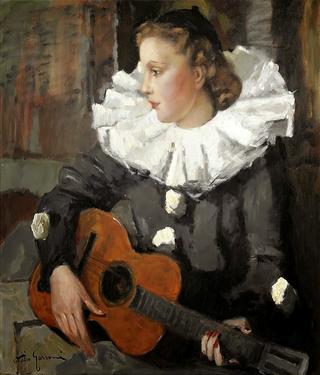 Woman dressed as Pierrot with guitar