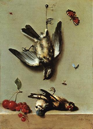 Still life with dead birds and cherries