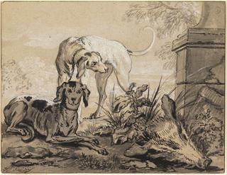After the Hunt- Two Hounds beside a Boar's Head