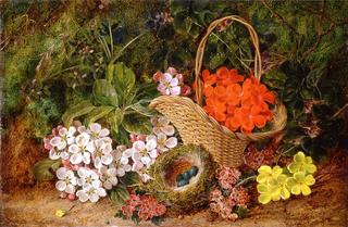 Basket of Primula Flowers and a Bird's Nest