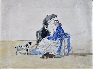 A Couple Seated on the Beach with Two Dogs