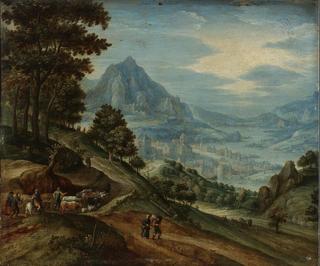 An extensive landscape with a wood, distant mountains and a town on a river valley