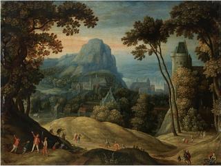 A Hilly Landscape With A Town In A Valley And A Castle