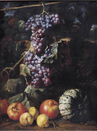 Still Life of A Bunch of Grapes Hanging From A Twig, Pomegranates, Peaches, A Melon And A Salamander