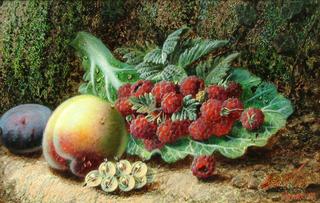 Raspberries on a Cabbage Leaf, Peach, Plum and Gooseberries