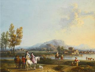 An Italianate Landscape with Elegant Figures on Horseback