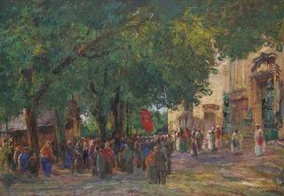 Pilgrims in front of the Church of the Virgin Mary in Nové Pace