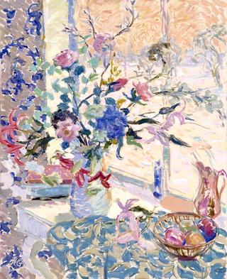 Flowers by the Window, Evening Light, Snow Outside
