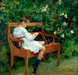 Girl Reading on a Garden Bench