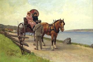 Horse and wagon with two women and man