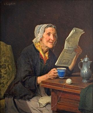 Old woman with newspaper and coffee cup