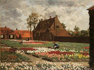 A bulb field with the house of ‘Benedictus de Spinoza’, Rijnsburg