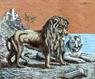 Lion and lioness by the sea