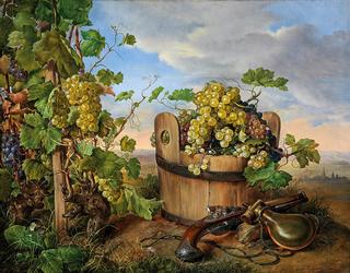 Still life with grapes, pistol and powder bottle