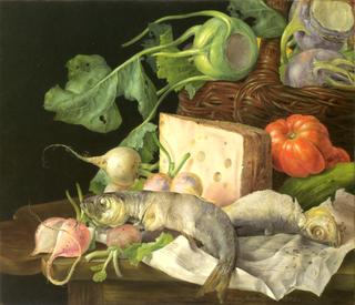 Still life with fish, cheese and a sheet of music