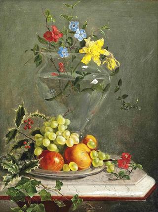 Flowers in a Glass Vase and Fruit on a Dish