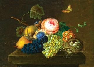 Still life with grapes, pears, flowers and bird's nest