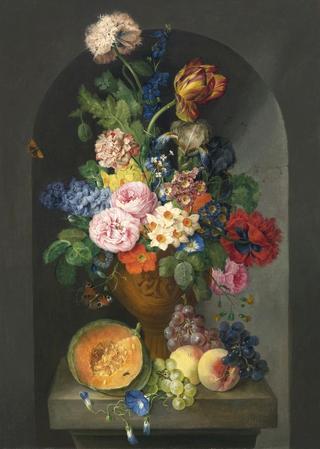 Still life with flowers and fruit