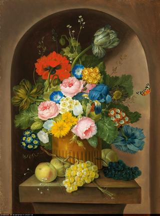 A floral still life with grapes and apples