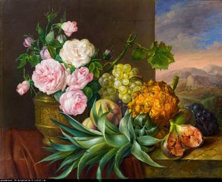 Still life with roses, grapes, figs and pineapple