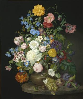 A vase of camellias, geraniums, dahlias, a white peony, roses, poppies and other flowers