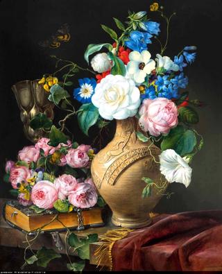 Floral still life with a wreath of roses, a stein and a cup