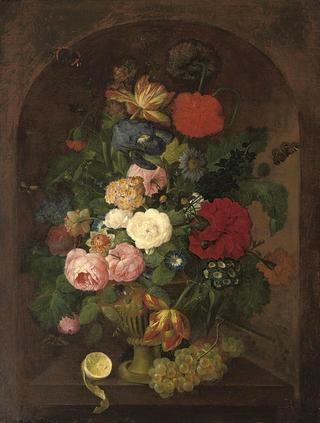 Roses, poppies, tulips, primula, convolvulus and other flowers in an urn, with a lemon and grapes