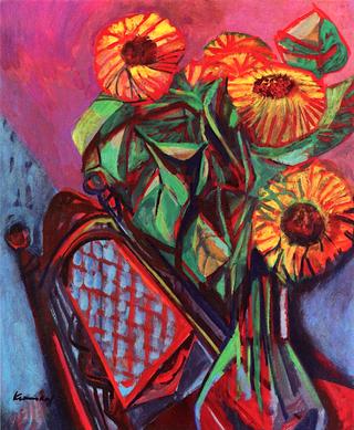 Sunflowers in a Glass Jug on a Chair