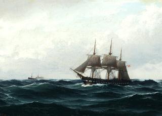 Seascape with sailing ship and motor ship