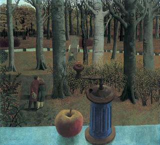 A view from the artist’s studio, lovers in the woods