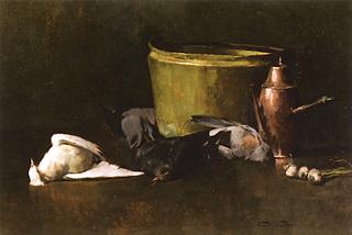 Still Life - Brass Bowl, Copper Coffee Pot and Pigeons