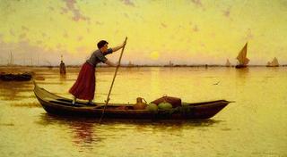 European Scene, Girl Poling a Boat