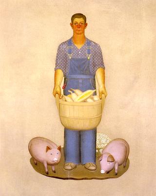 Farmer with Pigs and Corn