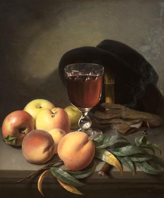 Tabletop with Apples, Peaches, Gloves, Hat, and Cigar
