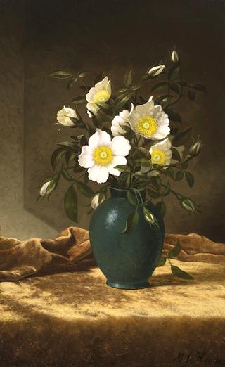 Cherokee Roses in a Blue Pottery Vase
