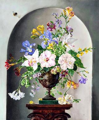 Orchids, hibiscus, iris, freesia and other flowers on a pedestal, with a ladybird and a bumble bee