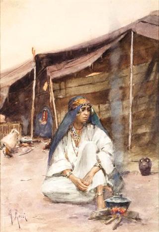 Young girl sitting by a tent