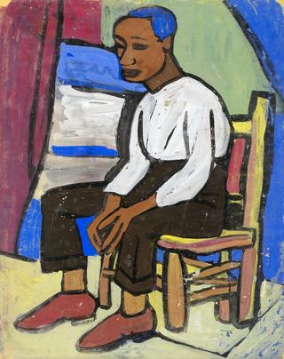 Seated Man with Red Shoes and Blue Hair