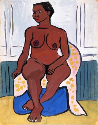 Seated Female Nude on Pink and Yellow Drape