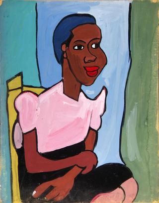 Woman with Pink Blouse in Yellow Chair