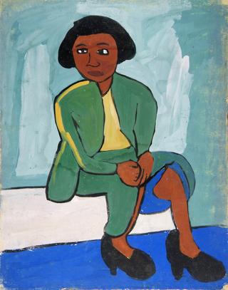 Seated Woman in Green Suit