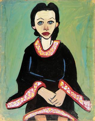 Seated Woman in Black Dress