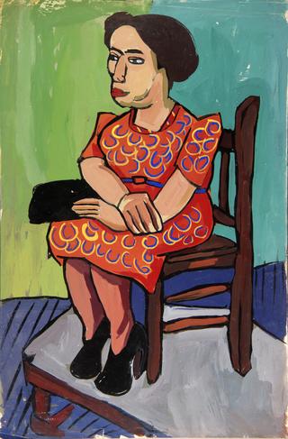 Seated Woman in Orange Print Dress