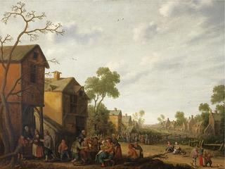 A Village Scene with Peasants Eating and Drinking outside an Inn, Beggars to the left